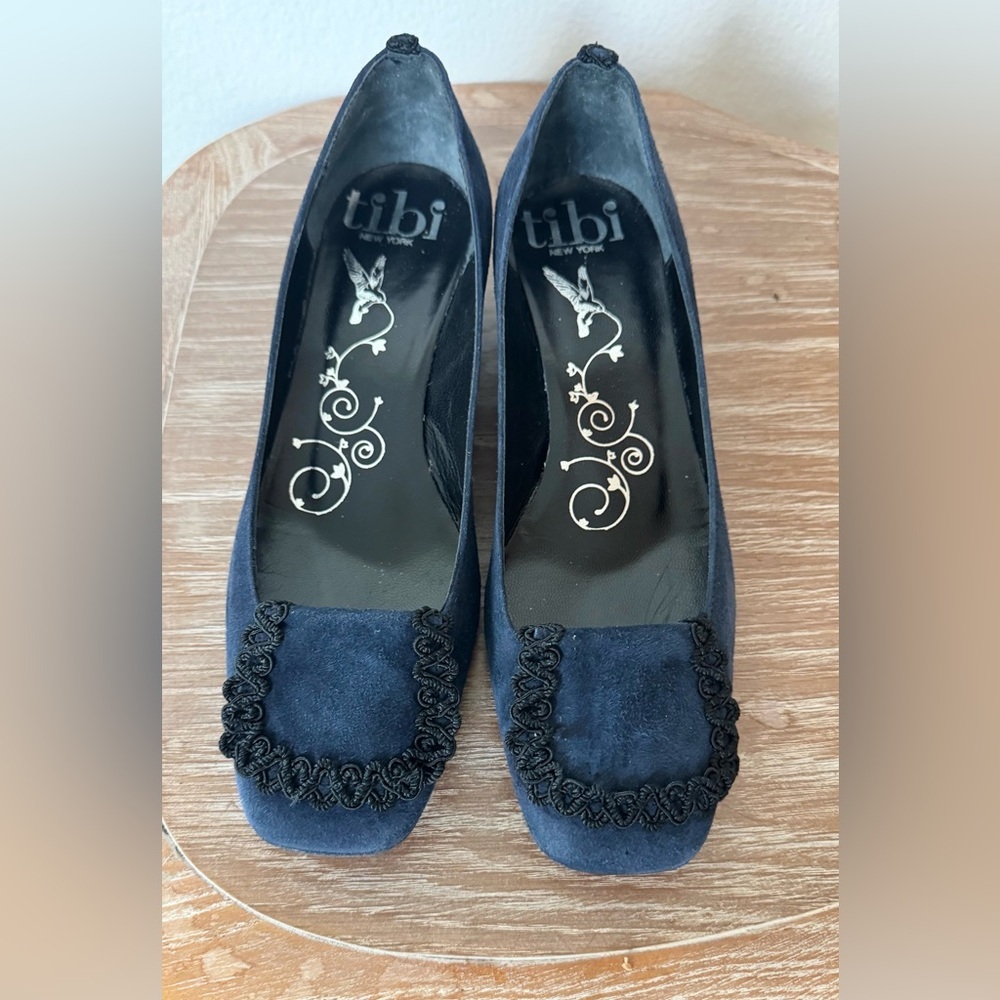 Tibi Odessa Suede Low Block Heels in Midnight Blue